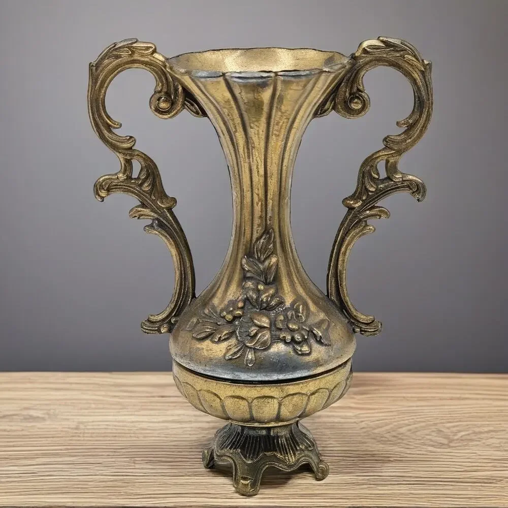 Vintage Italian Metal Bud Vase Gold Tone Ornate Floral Relief Scrolled Handles